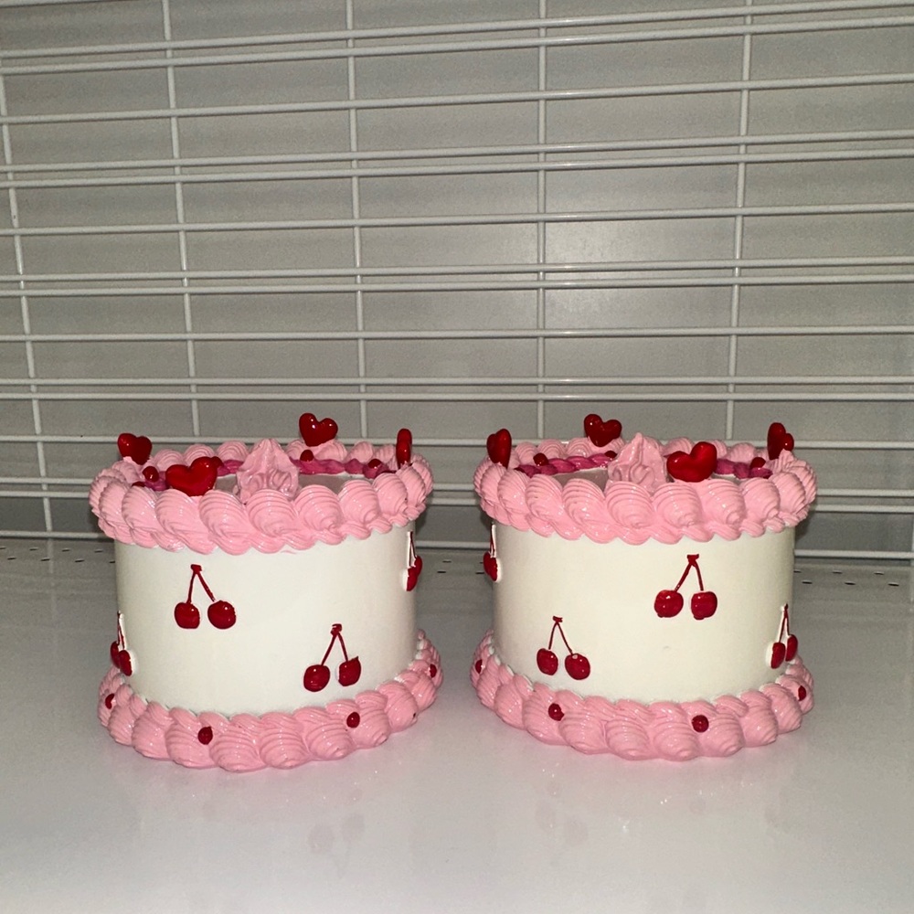 Cherry Decorated Pink Cake Set Valentine’s Hearts Red